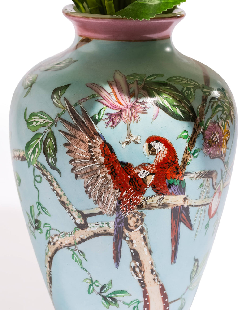 Colourful Parrot & Floral Ceramic Vase