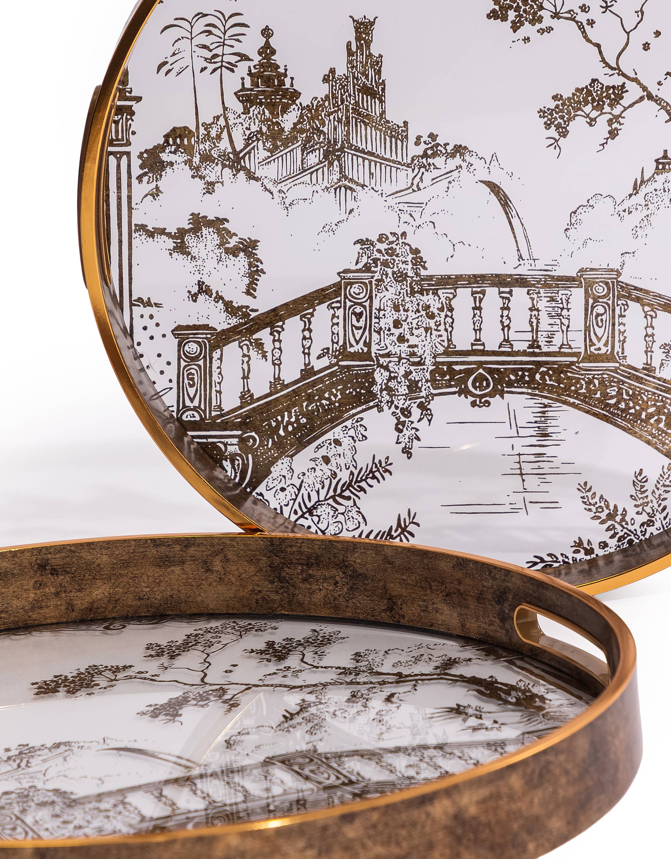 Set of 2 Dark Gold Oriental Garden Serving Trays